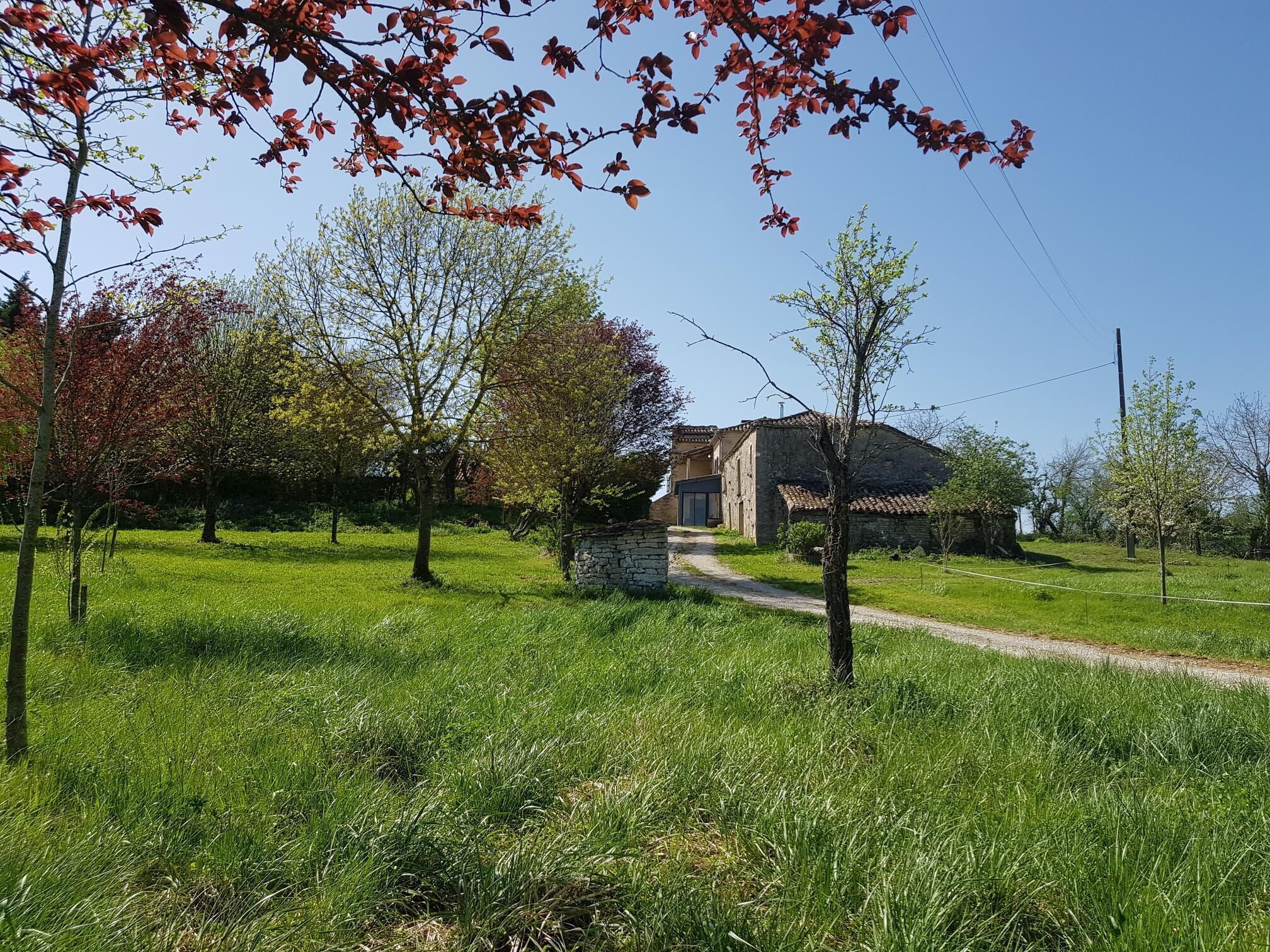 A rustic stone building with a tiled roof, surrounded by a grassy field and trees with autumn leaves.