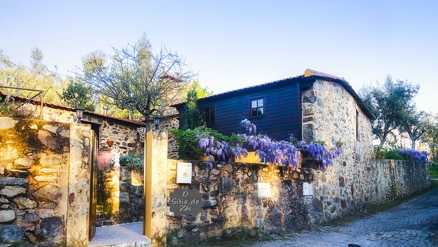 Edificio de piedra con fachada rústica, una pared de piedra con una reja y un perro en un camino adoquinado.