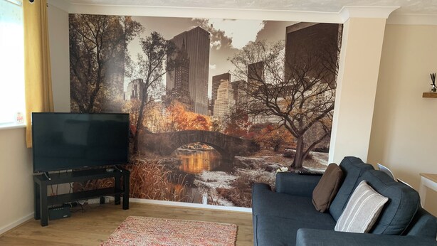 A living room with a flat-screen TV, a grey sofa with cushions, a patterned rug, and a cityscape mural on the wall. - Cosy Corner House. (Kettering)