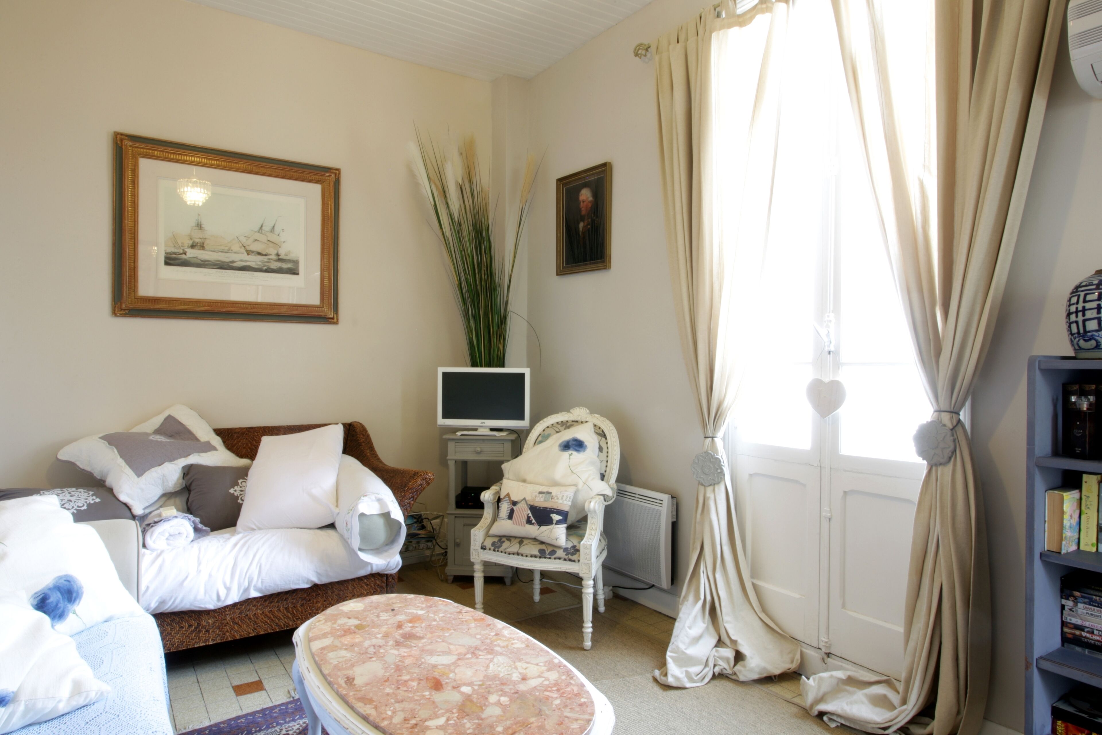 TV, fireplace, books