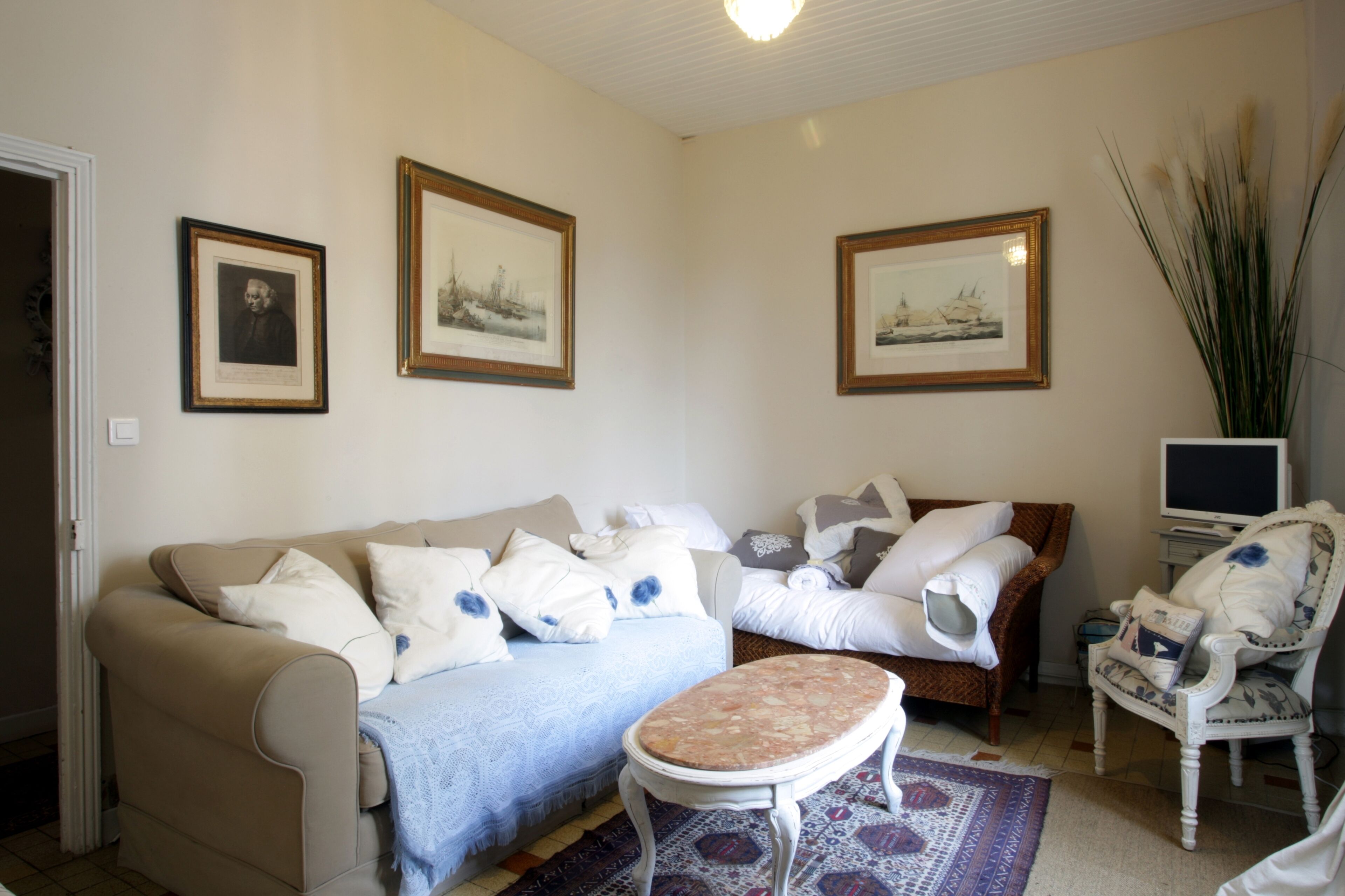 Televisie, een open haard en boeken