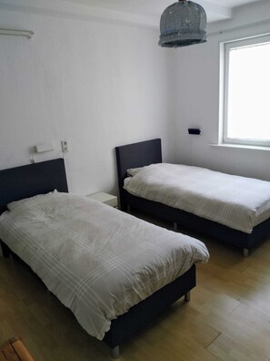 Una camera con due letti singoli, una finestra e un lampadario.