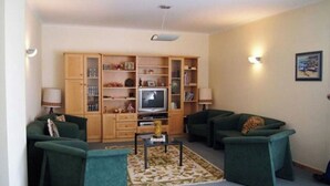 Olohuoneessa on kaksi vihreää sohvaa, sohvapöytä, televisio, puukalusteet ja kuviollinen matto.