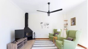 Un salon avec un poêle à bois noir, un fauteuil vert, un tapis à rayures et un ventilateur de plafond.