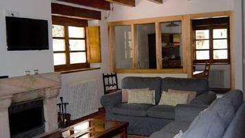 Télévision, cheminée, livres