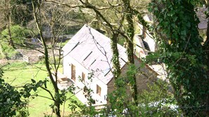 Ein traditionelles Haus mit einem steilen Satteldach, umgeben von üppigem Grün und Bäumen.