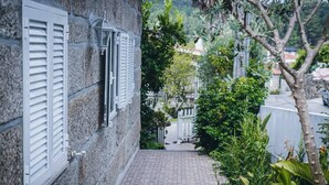 A stone building with shutters and a lantern, a paved pathway, and greenery.