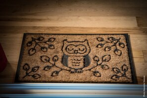 A doormat with an owl design.