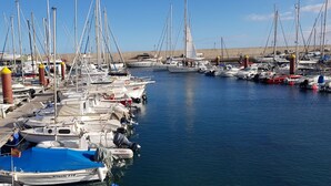 Ein Yachthafen mit verschiedenen Schiffen, darunter Segelboote und Motorboote.