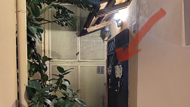 A narrow alleyway with a potted plant, a closed metal gate, and a tiled floor. - Rome Studio Historic Center (Roma)