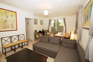 Smart TV, fireplace, DVD player, books