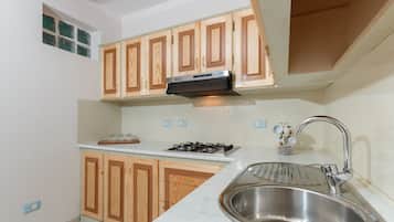 Fridge, stovetop, cookware/dishes/utensils