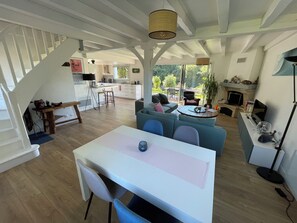 Télévision, cheminée, table de tennis de table, livres