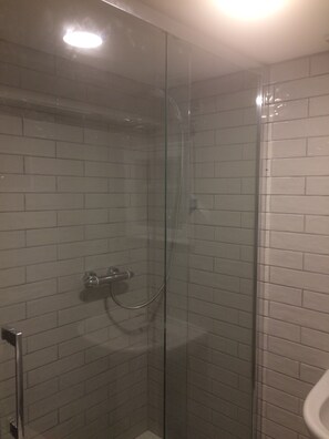 Regadera, secadora de cabello, toallas, jabón 