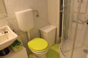 Combined shower/bathtub, hair dryer, towels, toilet paper