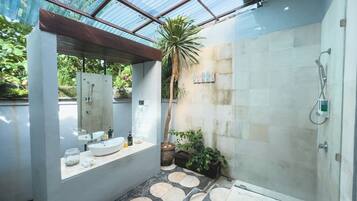 Shower, hair dryer, bidet, towels