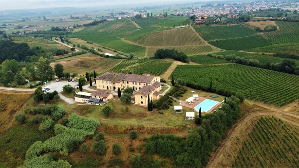 A large estate with multiple buildings, a swimming pool, and extensive vineyard fields.