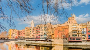 Vista del río con un puente, edificios coloridos y una torre destacada.