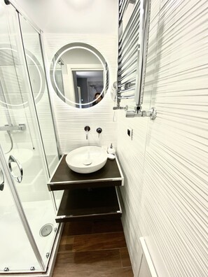 Shower, hair dryer, bidet, towels