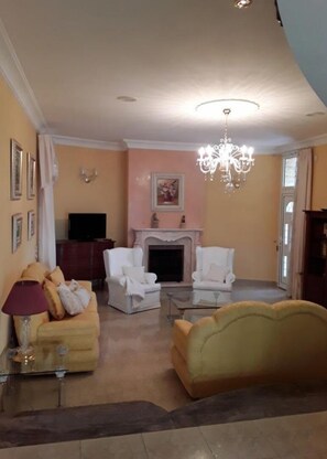 Televisión, chimenea y libros 