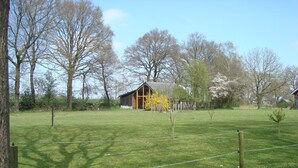 A rural landscape with a wooden cabin, open fields, and trees. - Holiday home / B & B 't Zwaluwnest - peace, space and privacy with its own sauna (Luttenberg)