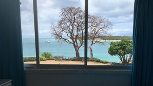 A room with a bed, a dresser, and a window with a view of the sea and trees.