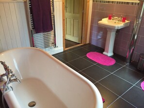 Combined shower/bathtub, hair dryer, towels, soap