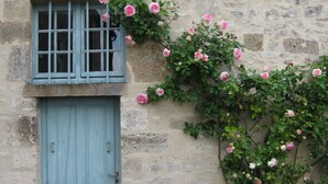 A stone building with a blue door and a window. - Newly renovated village home with views over the vines of Pommard (Pommard)