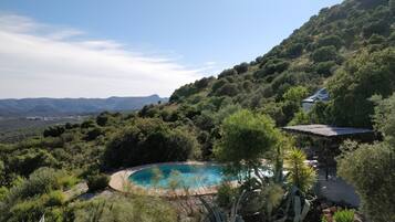 Piscine extérieure, chaises longues