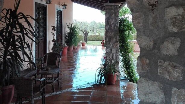 Un patio cubierto con paredes de piedra, plantas en macetas y piso de baldosas.