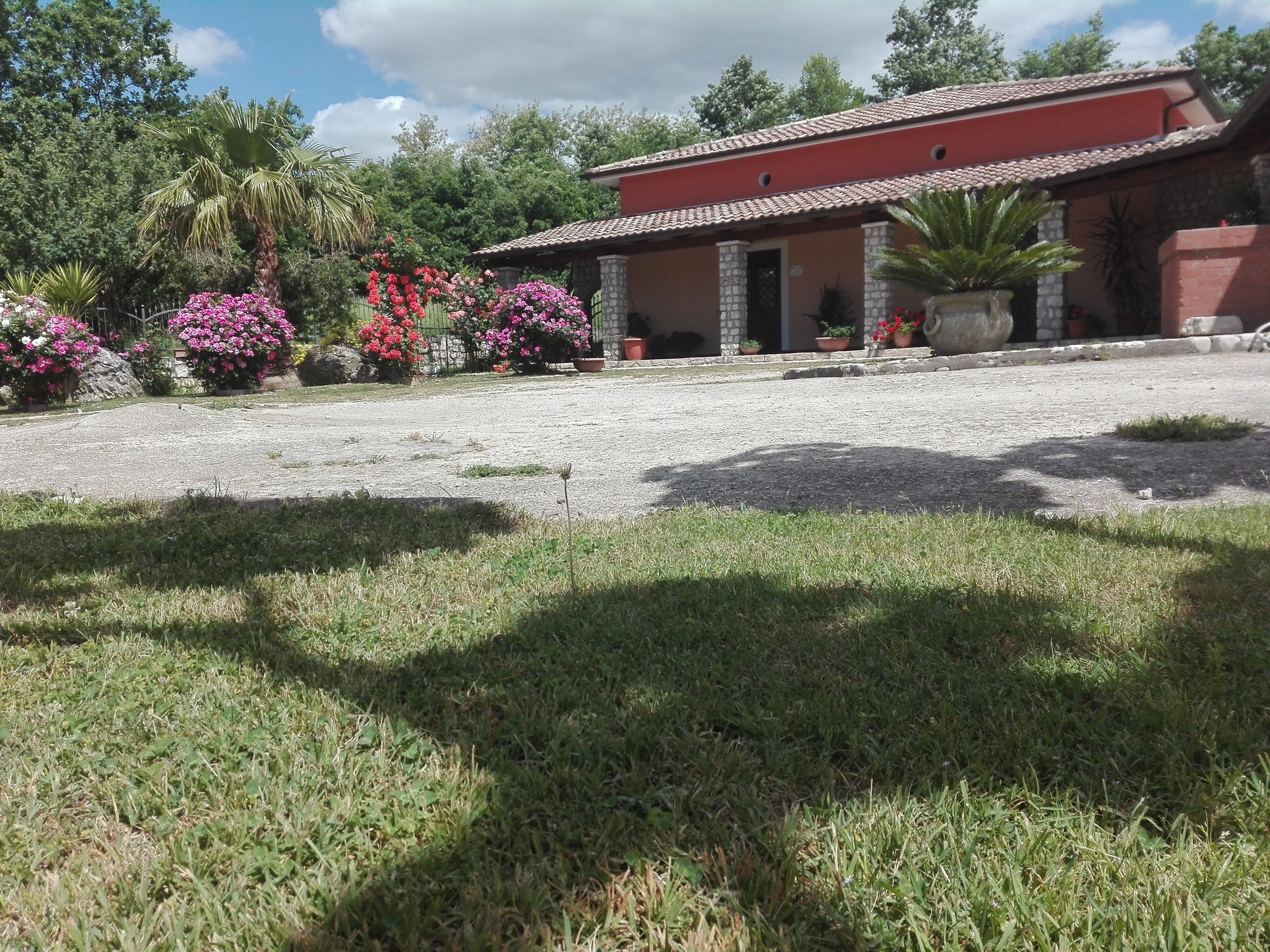 A house with a red facade, stone pillars, and a tiled roof. There are flowering plants and a palm tree in the garden.
