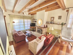 Televisión, chimenea, reproductor de DVD y libros 