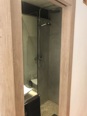 Douche, sèche-cheveux, serviettes fournies, shampoing