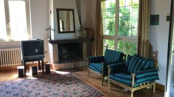 TV, caminetto, lettore DVD, tavolo da calcetto