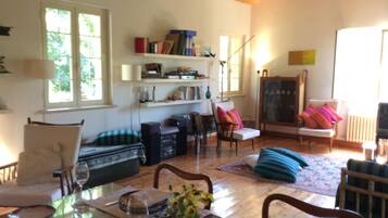 TV, caminetto, lettore DVD, tavolo da calcetto