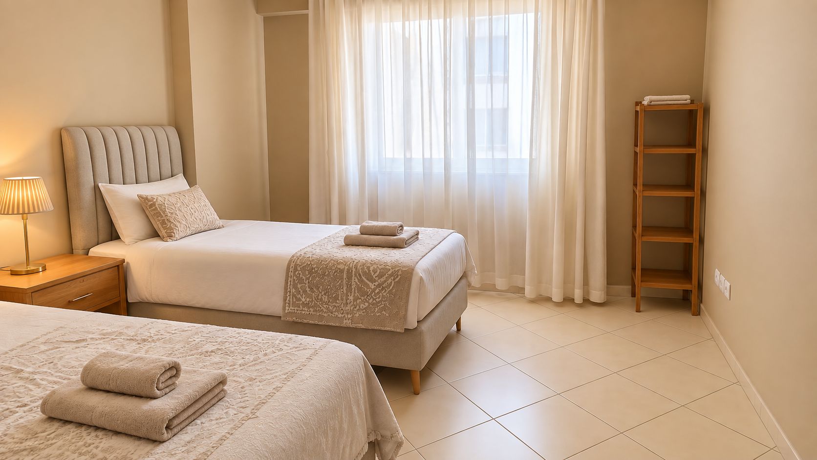 Habitación de hotel con dos camas, una mesita de noche, una lámpara de pie, una escalera de madera y cortinas de encaje.