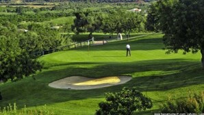 A golf course with a well-maintained green, a sand bunker, and a person standing on the tee box.