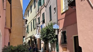 A narrow cobblestone street flanked by pastel-colored buildings with shutters and balconies.