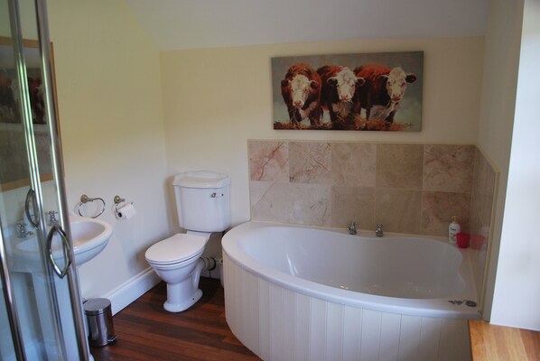 Une salle de bain équipée de toilettes, d’un bidet et d’une baignoire.