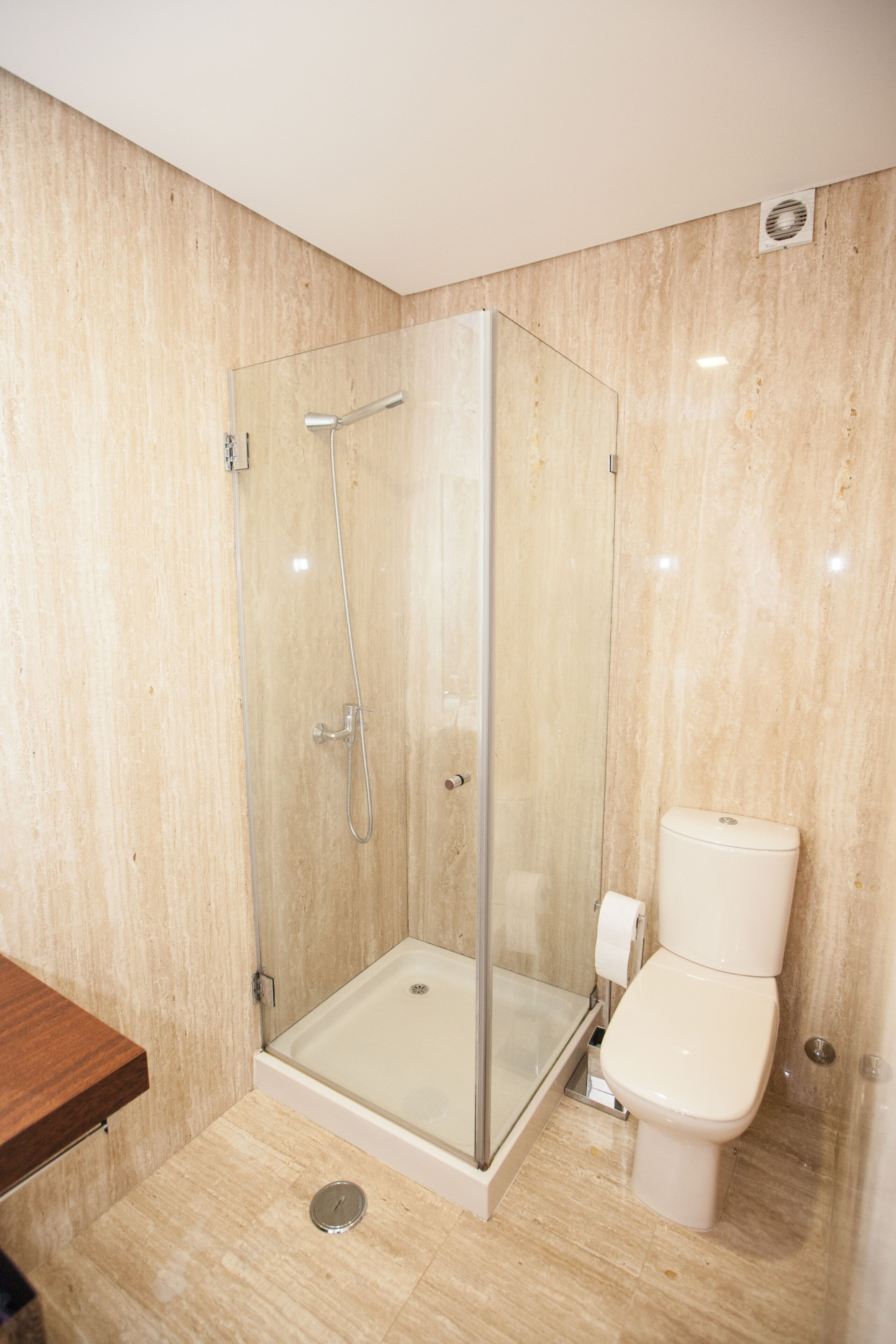 A modern bathroom with a glass-enclosed shower, a toilet, and a wooden vanity.