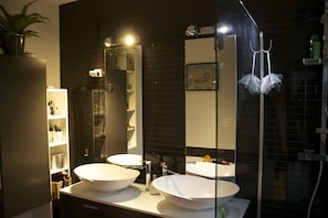 Ensemble baignoire-douche, séchoir à cheveux, serviettes fournies