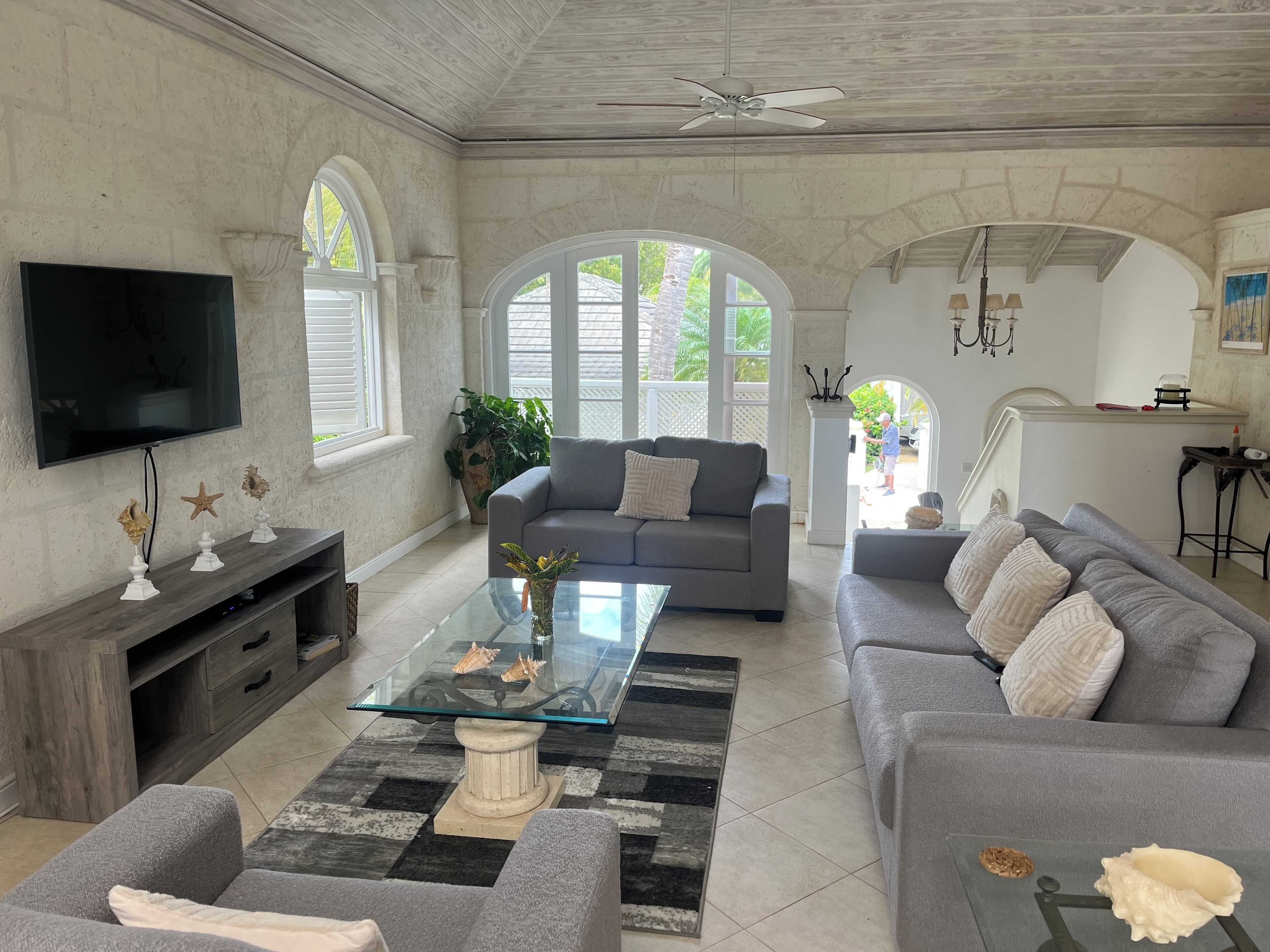 Flat-screen TV, DVD player, books, music library