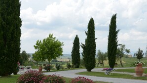 A garden with a gravel path, potted plants, and a view of the countryside. - LECCINO ROOM at Agriturismo MUSIGNANO (cerreto guidi)