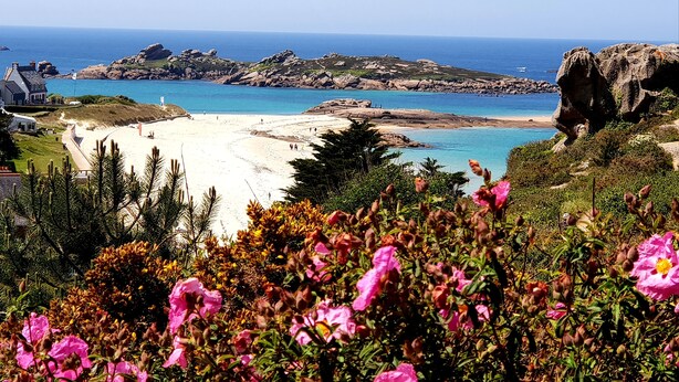 A coastal landscape with a sandy beach, rocky outcrops, and a clear view of the sea. - ARTIST'S HOME, 5 MINUTES FROM THE SEA, VERY QUIET, TUCKED AWAY IN A LUSH GREEN SETTING. (Trégastel)