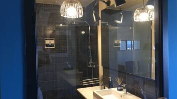 Shower, hair dryer, bidet, towels