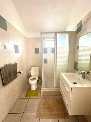 A modern bathroom with a toilet, shower, and sink. - Beachfront Apartment with Pool & Tennis - Flic En Flac  (Flic en Flac)