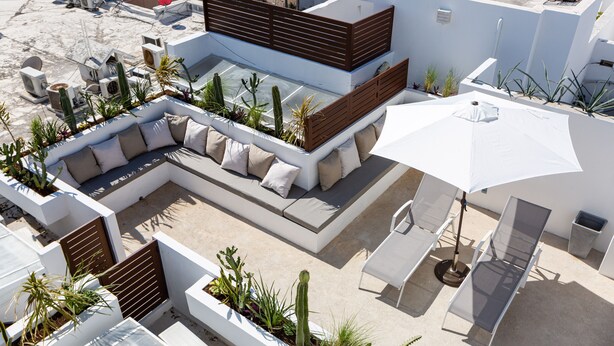 A rooftop terrace with a seating area, white walls, and various plants. - Central Amazing PH with Private Rooftop and Jacuzzi (Playa del Carmen)