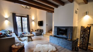 Un salon moderne avec une cheminée, un plancher en bois et un ensemble de canapés.