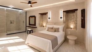A modern bedroom with a large bed, a glass shower enclosure, and a bedside table.