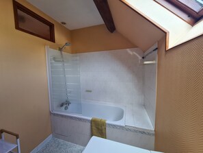 Suihkun ja ammeen yhdistelmä, hiustenkuivaaja, vessapaperi